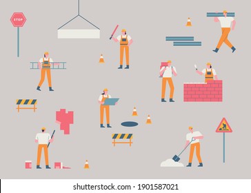 Workers at the construction site. A construction site where small and simple human characters are doing their jobs. flat design style minimal vector illustration.