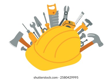 Workers, construction tools around helmet. Vector illustration of different repair tools such as drill, hammer, screwdriver, wrench and helmet