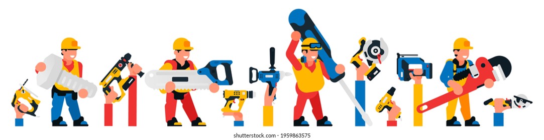 Workers and construction tools. Hands holding a power tool. Screwdriver, jigsaw, saw, dryer, gas wrench, circular saw, nailer, bolt, rotary hammer drill. Vector illustration of an electric tool.