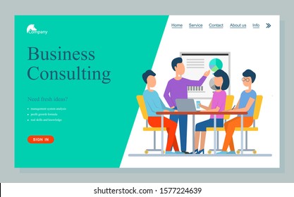 Workers consulting, need fresh ideas, management system analysis, profit growth formula. Skills and knowledge, business development online vector. Website or landing page flat style, webpage template