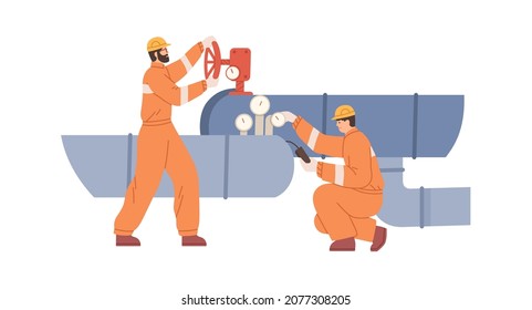 Workers control work of pipeline, open valve, inspect measuring tools and equipment. Inspection and maintenance of water tubes, pipes and conduit. Flat vector illustration isolated on white background