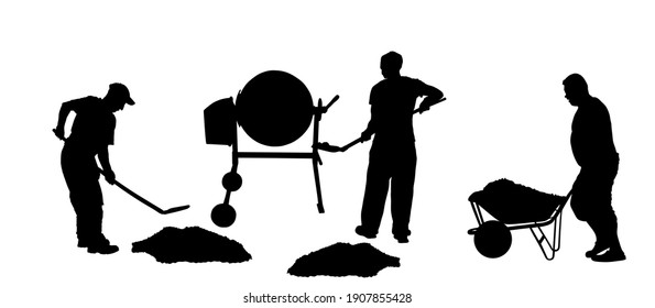 Workers Crew With Shovel Put Gravel In Concrete Mixer Vector Silhouette. Working On Construction Site. Laborer Man With Spade Digging Earth. Digger Mining. Industry Building New House. Wheelbarrow Man