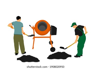 Workers Crew With Shovel Put Gravel In Concrete Mixer Vector Illustration. Working People On Construction Site. Laborer Man With Spade Digging Earth. Digger Mining. Manual Industry Building New House.