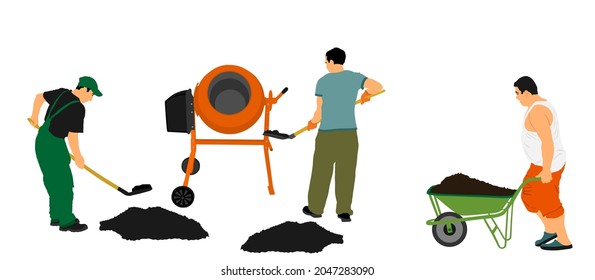 Workers Crew With Shovel Put Gravel In Concrete Mixer Vector Illustration. Construction Site Work. Laborer Man With Spade Digging Earth. Digger Mining. Industry Building House Or Road. Wheelbarrow Man