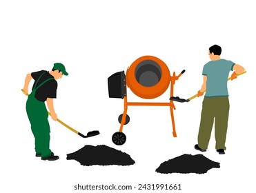 Workers crew with shovel put gravel in concrete mixer vector illustration. Working people on construction site. Laborer man with spade digging earth. Digger mining. Manual industry building new house.
