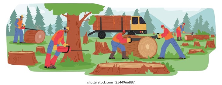 Workers Cut Down Trees In A Forest, Using Chainsaws And Handsaws To Log Wood. Scene Illustrates Deforestation, Timber Production, And Logging Effort With Truck Ready To Transport The Harvested Timber