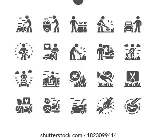 Workers cutting grass by lawn mower. Garden services. Machine for cutting lawns. Equipment for lawn and grass. Vector Solid Icons. Simple Pictogram