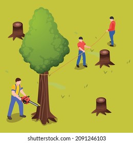 Workers cutting tree isometric 3d vector concept for banner, website, illustration, landing page, flyer, etc.