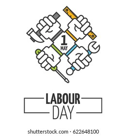 Workers day celebration - labour day icon logo. modern outline flat labor day poster or banner with clenched fists and different instruments in it. Vector illustration of hands with hummer, wrench