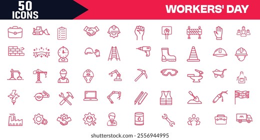 Workers' Day Editable Stroke Outline Web Icons Set - Linear Outline Icons, Helmet, Screwdriver, Worker, Vest, Flag, Crane, Brick, Roller, Gear, Construction, Builder, Factory Vector Illustration,