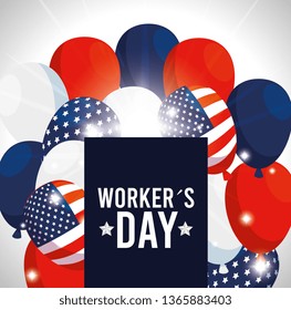 workers day emblem with usa flag balloons