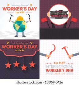Worker's Day Greeting Card Design Collection. Flat Style 1st May, Labor Concept Vector Illustration set