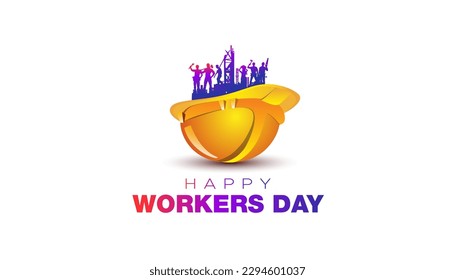 Workers day. International Labor day Concept. Happy Workers Day typography with a group of workers and Safety Helmet.