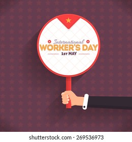 Worker's Day Lettering, Flat Long Shadow Style Ellipse Signboard Hold Hand 