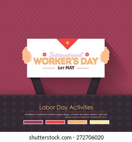Worker's Day Lettering, Flat Long Shadow Style Card or Signboard Hold Hand 