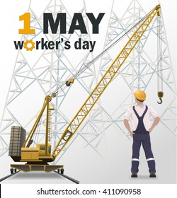 Worker's day white poster, worker and crane, industrial background