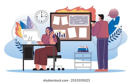 Workers with deadline. Man and woman working in burning office. Overworked employees. Poor time management and inefficient work process. Flat vector illustration isolated on white background