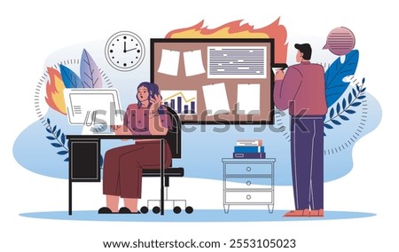 Workers with deadline. Man and woman working in burning office. Overworked employees. Poor time management and inefficient work process. Flat vector illustration isolated on white background