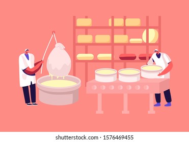 Workers Decant Dairy Mass in Professional Factory Equipment and Put into Special Round Forms for Making Cheese Blocks. Different Types of Cheese Lying on Shelves. Cartoon Flat Vector Illustration