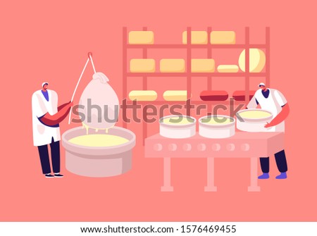 Workers Decant Dairy Mass in Professional Factory Equipment and Put into Special Round Forms for Making Cheese Blocks. Different Types of Cheese Lying on Shelves. Cartoon Flat Vector Illustration