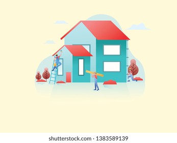 workers are decorating the house, - House, Board, Paint. Concept of Under Construction or maintenance, . Modern flat cartoon vector illustration.