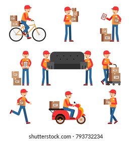 Workers of delivery. Different characters set. Service man worker delivery, courier with package. Vector illustration
