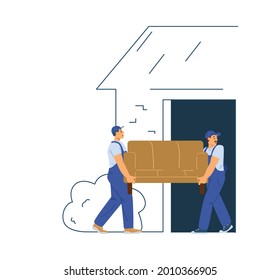 Workers Of Delivery Service Company Carrying Sofa Into New Office Or House. Vector Flat Illustration For Concept Moving Relocation Of Business.