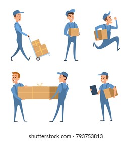 Workers of delivery. Set of characters. Delivery service, person worker with package, courier with box. Vector illustration
