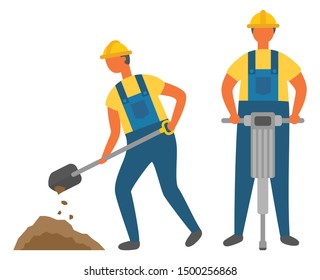 Workers digging and drilling ground, construction works. Men in hardhats and overalls, building process, spade or shovel, electric instrument. Vector illustration in flat cartoon style