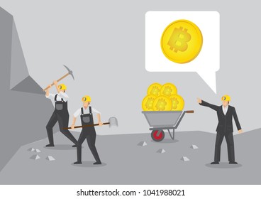 Workers digging on group of bitcoins. Virtual cryptocurrency mining concept.