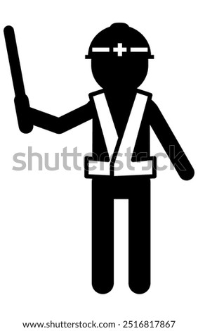 Workers directing traffic with red lights, pictograms of safety signs, hazards, and warnings, Vector Illustration