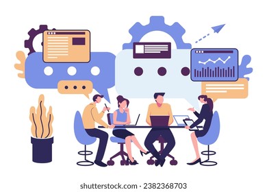 workers are discuss and negotiating flat vector illustration. collective thinking and brainstorming, company information analytics