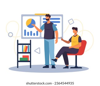Los trabajadores discuten el proyecto. Los empleados resuelven problemas comerciales en el cargo. Concepto de aumento de la productividad en las empresas. Ilustración vectorial plana en estilo de dibujos animados en colores azules