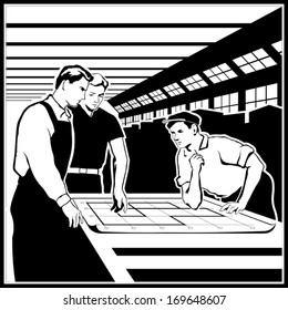 workers discuss their actions according to the drawings