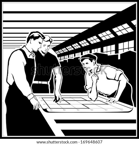 workers discuss their actions according to the drawings