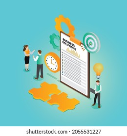 Trabajadores discutiendo soluciones empresariales 3d concepto de ilustración vectorial isométrica para banner, sitio web, página de inicio, anuncios, plantilla de volante