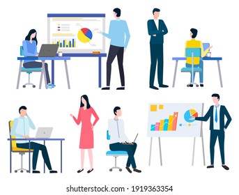 Workers discussing graph report and using laptop. Employee character communication with pc, diagram and successful strategy, manager on workplace vector