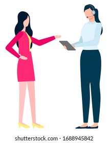 Workers discussing, manager in headset using tablet. Employee communication with wireless device, international business, teamwork strategy vector