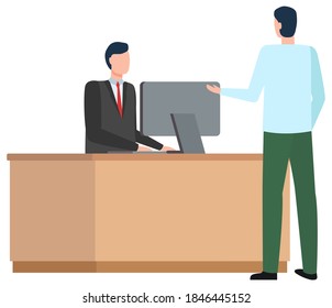 Workers discussing on workplace, man using computer on workplace, people communication. International business, worldwide delivery, export import technology. Vector commercial partnership characters