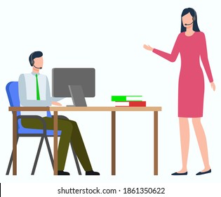 Trabajadores discutiendo el trabajo, la comunicación del hombre con el monitor de la computadora, la mujer de pie. Estrategia de los empleados, logística en todo el mundo, comercio electrónico empresarial, exportación o importación, tecnología de la pc, vector de oficina