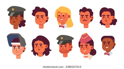 Workers diverse 2D vector avatars illustration set. Multicultural adult women, men cartoon character faces. Jobs people icons bundle. Career flat color users profiles images isolated on white