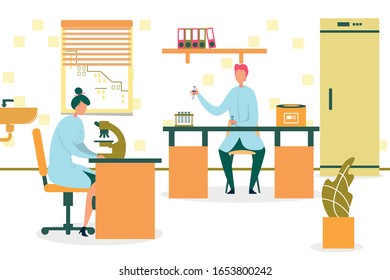 Mediсal Workers or Doctors Team Working with Microscope Flat Cartoon Vector Illustration. Scientists Doing Chemical Research in Laboratory. Hospital Interior with Equipment as Test Tubes.