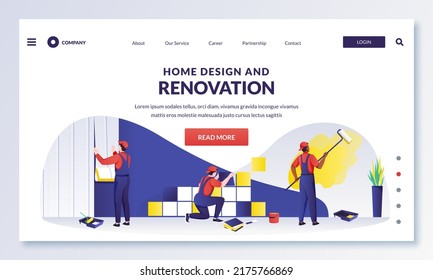 Workers does home design renovation works. Tiler laying tiles. Painter paints wall and glues wallpaper. Vector flat cartoon illustration. Home restoration and decoration service concept