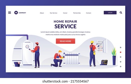 Workers does house fixing works. Plumber installs water heater boiler, heating radiator. Electrician repairs electricity or installs fuse. Vector flat illustration. Home maintenance service concept