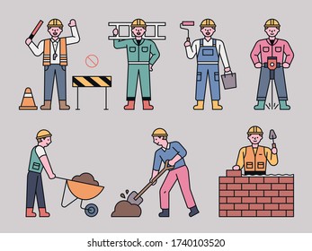 Workers Doing A Variety Of Jobs At The Construction Site. Flat Design Style Minimal Vector Illustration.