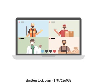 A Workers Doing Video Call And Meeting Via Laptop Vector Illustration