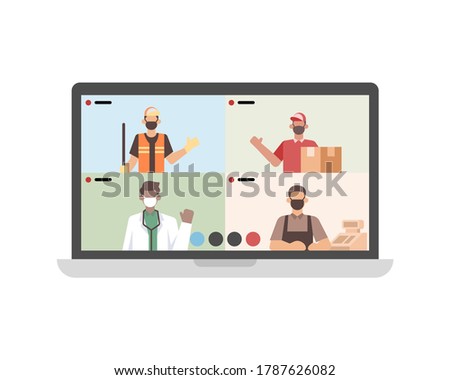 A workers doing video call and meeting via laptop vector illustration