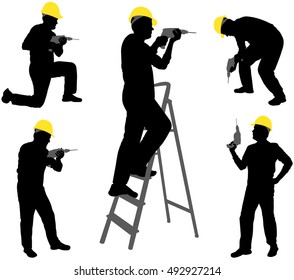 workers with drill silhouette