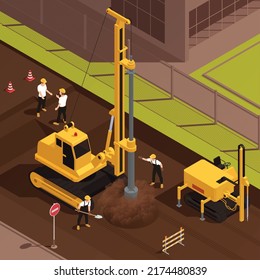 Workers drilling well on construction site in urban area 3d isometric vector illustration