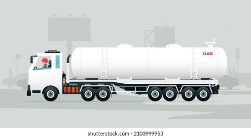 Workers are driving a petrol truck through traffic.